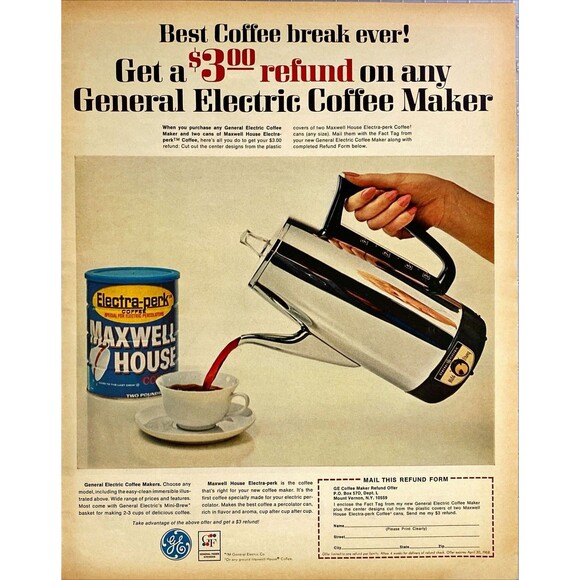 Maxwell House Electra-perk Coffee & GE Electric Coffee Maker" Vtg Print Ad 1968 - Picture 1 of 3